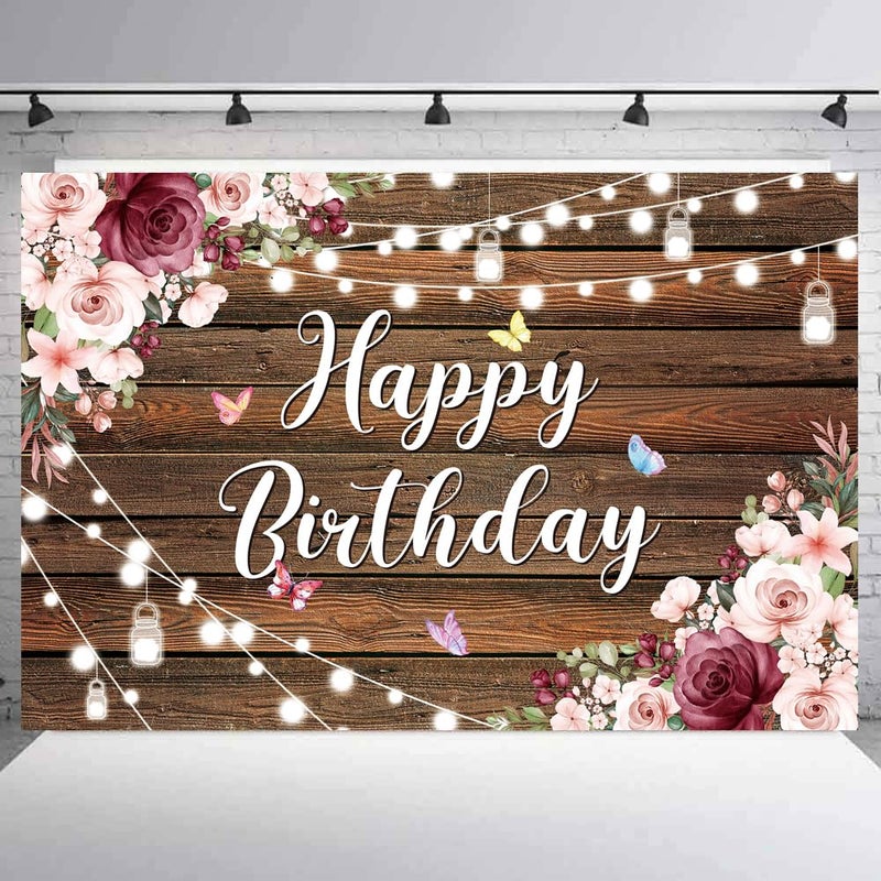 YinQin 180x120 cm Rustic Wood Flower Birthday Backdrops Photo Cloth 71x47 inch Happy Bday Photography Backgrounds Wooden Floral Butterfly Happy Birthday Sign Banner Decoration for Women Girl - Image 2