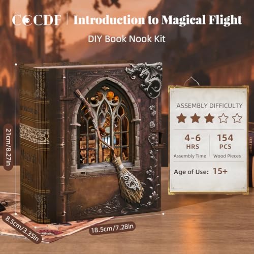 CCCDF Magic Book Nook Kit DIY Miniature House Kit for Adults Teens 3D Wooden Puzzle Dollhouse Booknook Tiny House Bookshelf Decor Gifts for Family Friends Introduction to Magical Flight - Image 5