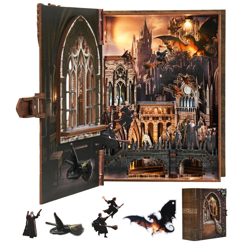 CCCDF Magic Book Nook Kit DIY Miniature House Kit for Adults Teens 3D Wooden Puzzle Dollhouse Booknook Tiny House Bookshelf Decor Gifts for Family Friends Introduction to Magical Flight - Image 3