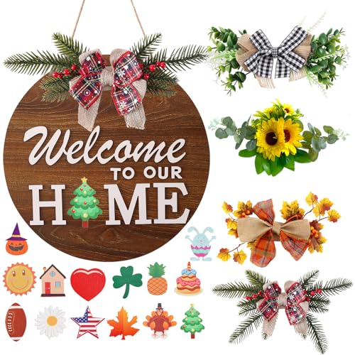 HOMCDALY Interchangeable Welcome Sign for Front Door with 4 Seasonal Wreaths and 14 Changeable Icons, Farmhouse Front Door Signs, Door Decoration Porch Decor, Seasonal Wooden Home Sign home décor (6wood) - Image 1