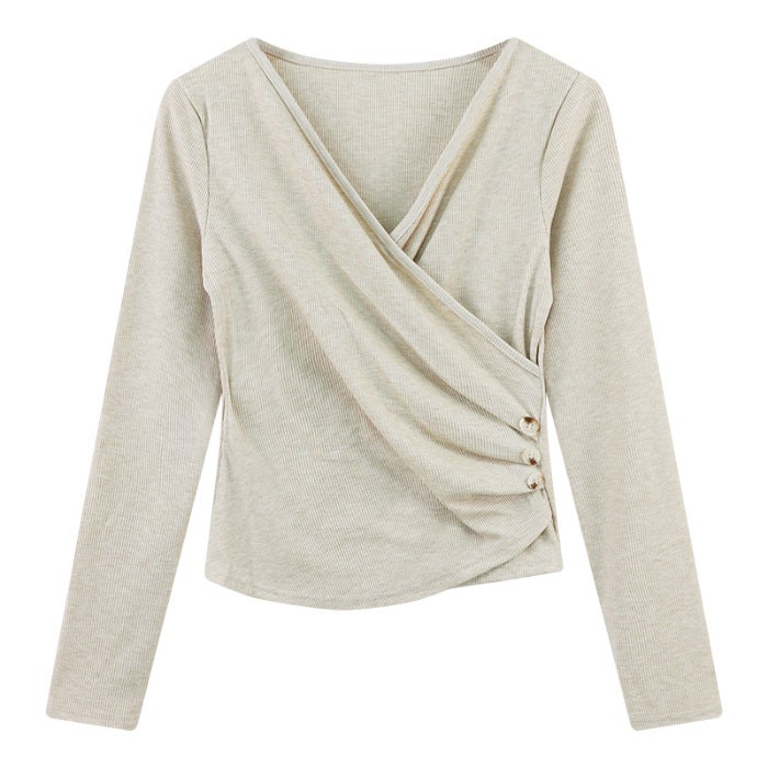 Womens Slimming Solid Color Long Sleeve T-Shirt Spring Autumn Inner Base Layer Polyester Top V-Neck Regular Sleeve Full Length Black