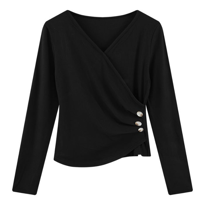 Womens Slimming Solid Color Long Sleeve T-Shirt Spring Autumn Inner Base Layer Polyester Top V-Neck Regular Sleeve Full Length Black