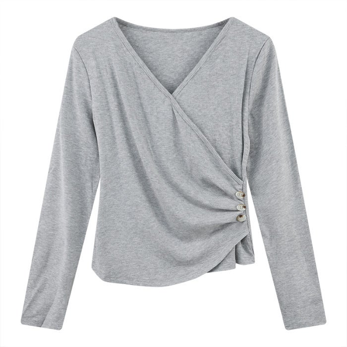 Womens Slimming Solid Color Long Sleeve T-Shirt Spring Autumn Inner Base Layer Polyester Top V-Neck Regular Sleeve Full Length Black