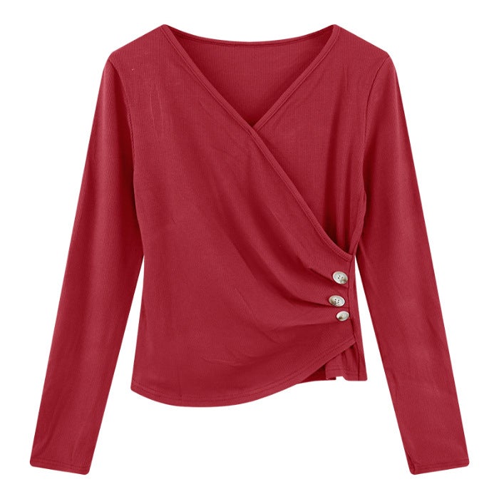 Womens Slimming Solid Color Long Sleeve T-Shirt Spring Autumn Inner Base Layer Polyester Top V-Neck Regular Sleeve Full Length Black