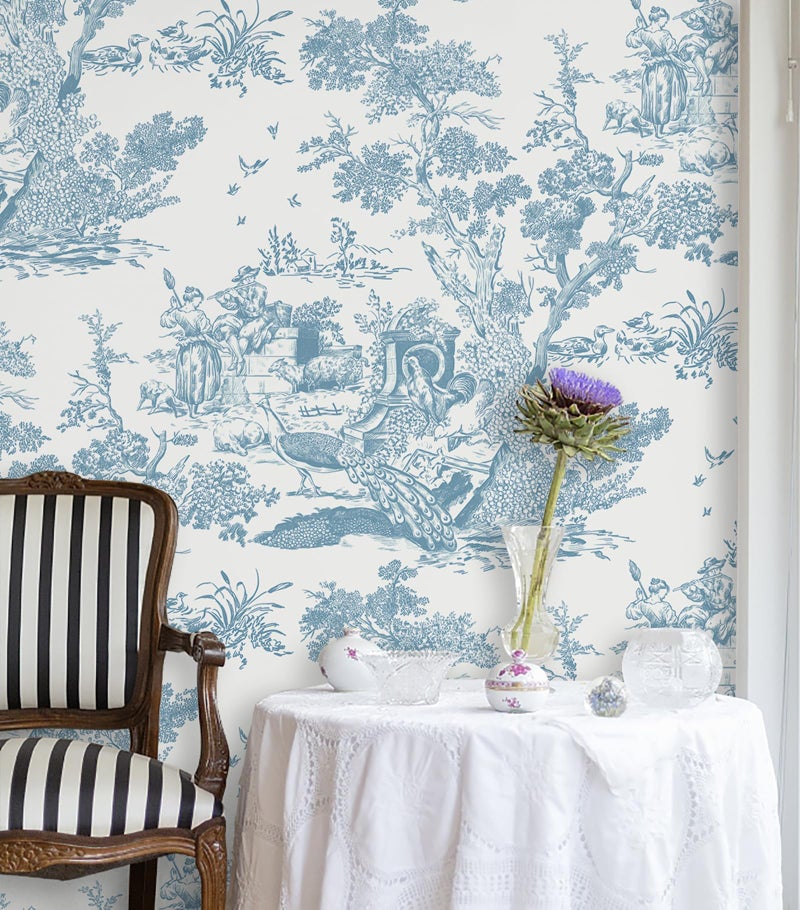 CiCiwind Peel and Stick Wallpaper Blue and White Wallpaper Toile Removable Self-Adhesive Wall Paper for Bedroom Bathroom Vintage Contact Paper for Walls Covering 16InÃ—78.7In - Image 3