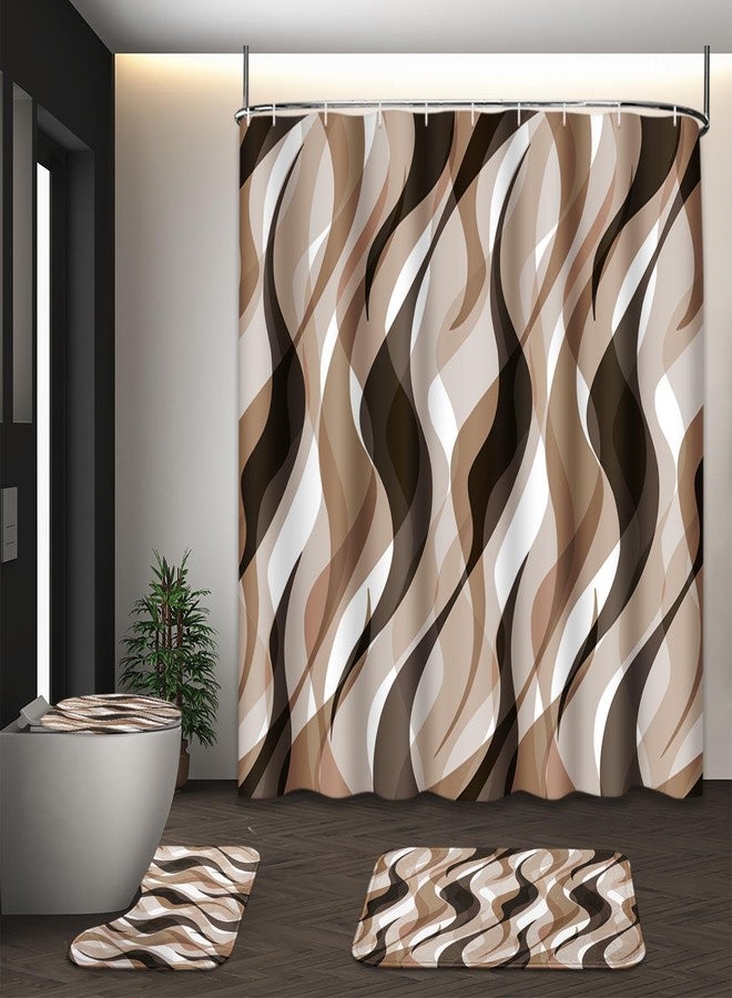 Tayney Brown Shower Curtain Set with Toilet Lid Cover and Non-Slip Rugs for Bathroom, Geometric Lines Ombre 4 Pcs Shower Curtain, Simple Abstract Modern Bathroom Set with 12 Hooks - Image 1