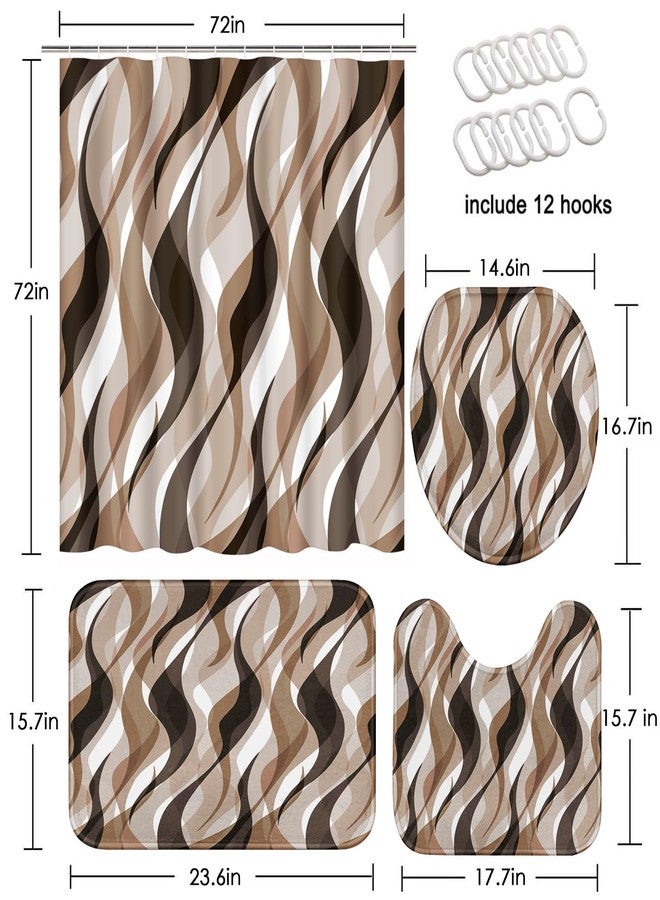 Tayney Brown Shower Curtain Set with Toilet Lid Cover and Non-Slip Rugs for Bathroom, Geometric Lines Ombre 4 Pcs Shower Curtain, Simple Abstract Modern Bathroom Set with 12 Hooks - Image 2