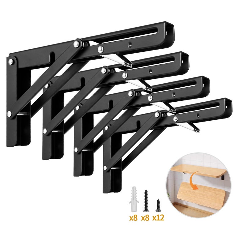 Yarssihha 8 Inch Folding Shelf Bracket 4 Pack Heavy Duty Wall Mounted Foldable Brackets SpaceSaving Metal Collapsible Shelf Brackets Max Load180lbs - Image 2