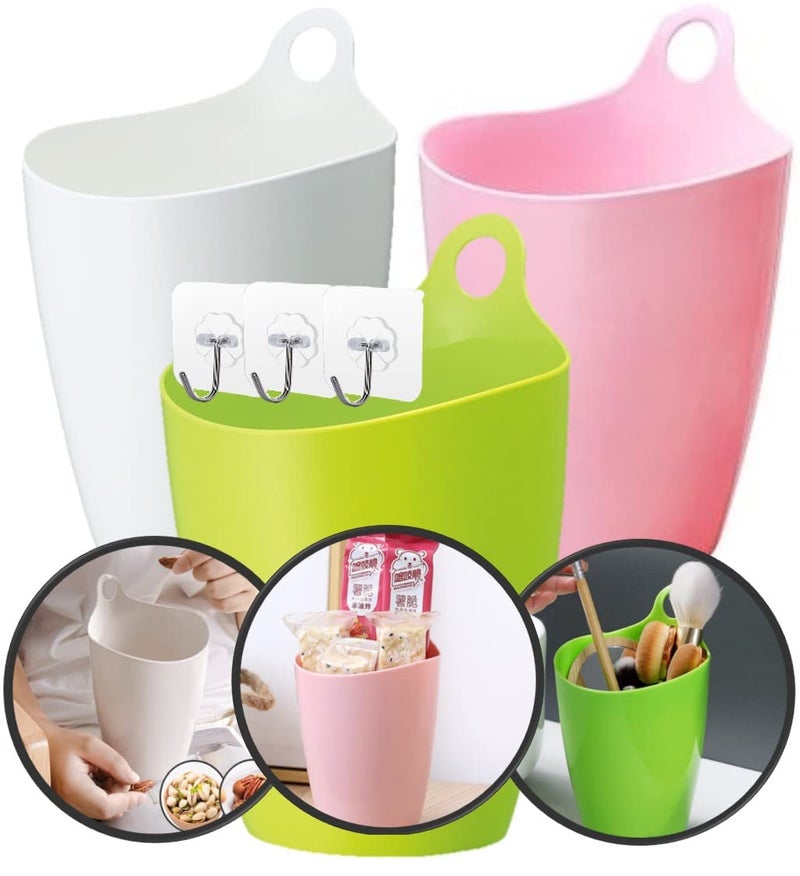 QUALIALL Declutter and Organize with Our Hangable Desktop Trashcan - Small, Multifunctional, and Stylish - Perfect for Makeup Brushes, Lint, and More! Plastic Pink Green White, 3packs - Image 1