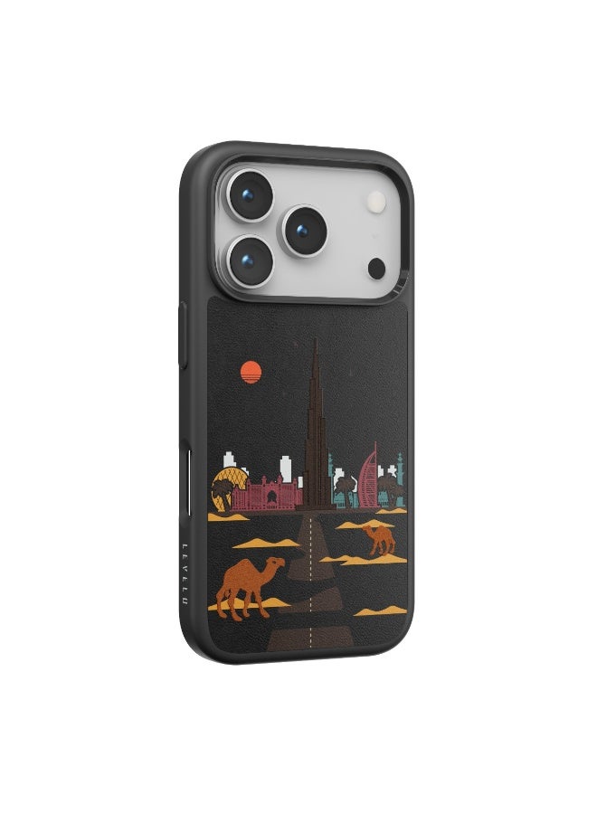 ليفيلو جراب فالو المصنوع من جلد البولي يوريثان لهاتف iPhone 17 Pro Max بتصميم تطريز دبي / مقاوم للخدش والتآكل / حواف مرتفعة للكاميرا والشاشة / مصد مقاوم للصدمات - أسود داكن - Image 3