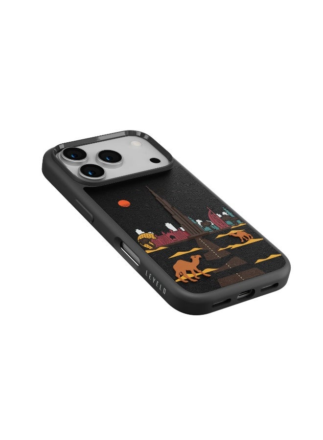 ليفيلو جراب فالو المصنوع من جلد البولي يوريثان لهاتف iPhone 17 Pro Max بتصميم تطريز دبي / مقاوم للخدش والتآكل / حواف مرتفعة للكاميرا والشاشة / مصد مقاوم للصدمات - أسود داكن - Image 4