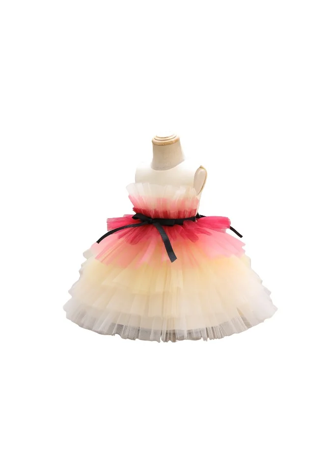 دىدانيالا D' Daniela -Toddler Girls Bow Front Ruffle Hem Mesh Gown Dress Orange Shaded