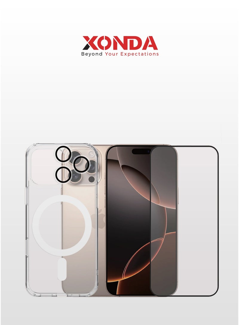 Xonda Elite 3-in-1 protection package for iphone 16  Pro Max - anti-yellowing transparent MagSafe cover, shatter-resistant screen protection, high-definition camera lens protection. - Image 1