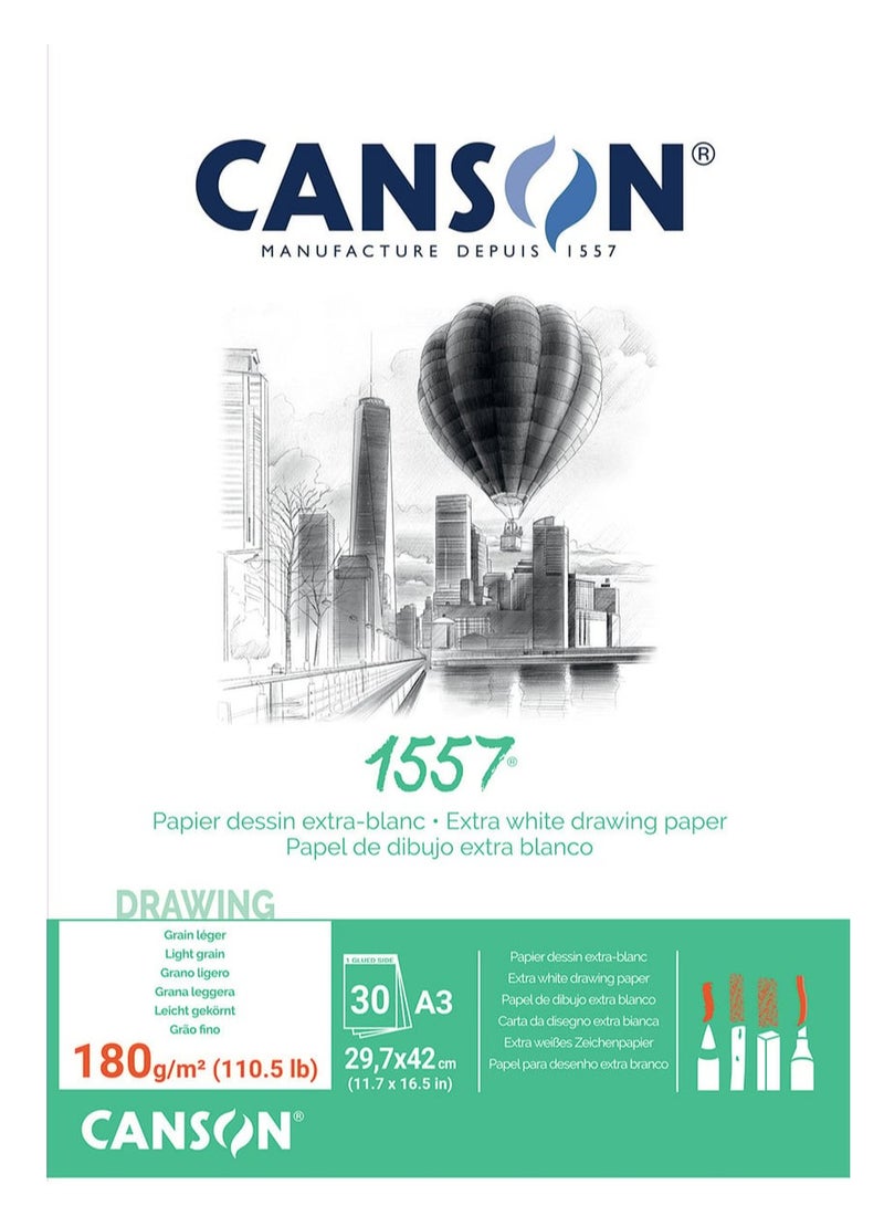 CANSON A3 Size Sketch Pad 30 Sheets Extra White 180gsm Thickness Ideal for Professional Artists & Illustrators - Image 1