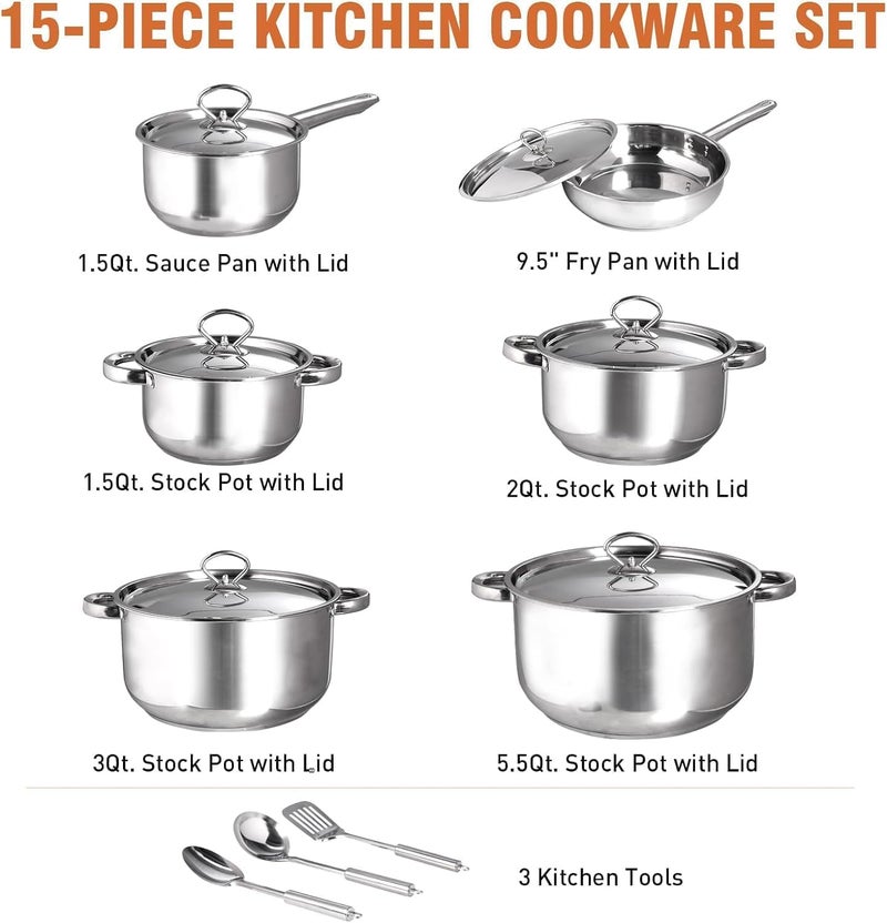 TMOHRA 15 Piece Stainless Steel Pots and Pans Set, 15 in 1 Non-Stick Cookware Set, Superior Stainless Steel Nonstick Pots and Pans Set, Use With Any Stove Or Oven, Cookware Set Dishwasher Safe From - Image 2