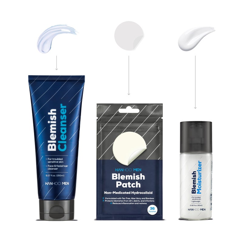 Hanhoo Mens Facial Care Kit Blemish Cleanser 507 Fl Oz Blemish Moisturizer 202 Fl Oz Blemish Patch 36 Ct with Bamboo Hyaluronic Acid and Green Tea Mens Acne Skin Care Kit Acne Regimen - Image 2