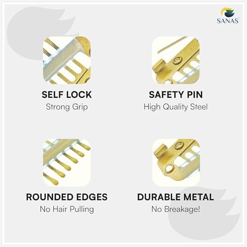 Sanas (6Pcs) Hair Extension Clips For Women Dupatta Clips For Brides (10 Teeth) Dupatta Safety Pins For Women Saree Pallu Pin For Head Bridal Safety Hijab Hair Pins (6Pcs) (Golden) - Image 3