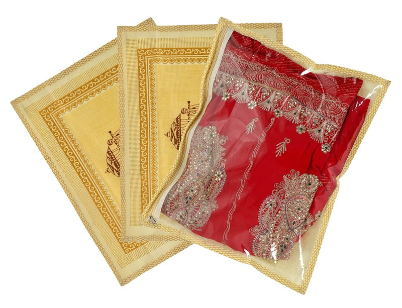 Kuber Industries 3 Pcs Plastic Waterproof Saree Covers for Storage | Wardrobe Organizer for Storage | Saree Organiser for Wardrobe | Palki Print - Golden - Image 1