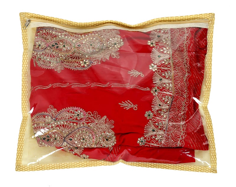Kuber Industries 3 Pcs Plastic Waterproof Saree Covers for Storage | Wardrobe Organizer for Storage | Saree Organiser for Wardrobe | Palki Print - Golden - Image 2