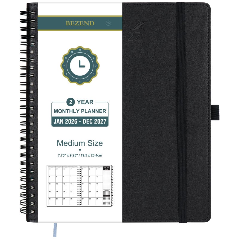 BEZEND Monthly Planner 2026-2027 (Spiral-7" x 9") 2 Year Calendar Book with Note Pages - Jan 26 to Dec 27-120 GSM Paper, Inner Pockets, Laminated Tabs, Vegan Leather Softcover - Black - Image 1