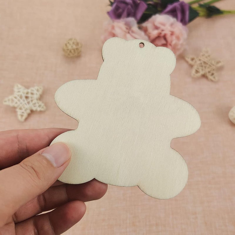 Creaides 20pcs Bear Wood DIY Crafts Cutouts Blank Wooden Bear Shaped Hanging Ornaments with Hole Hemp Ropes Wood Tags for Halloween Thanksgiving Christmas Party Decorations - Image 4