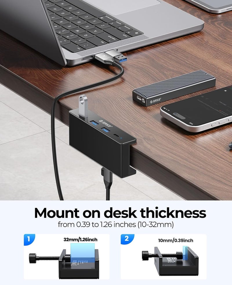 أوريكو موزع USB 3.0 من أوريكو مع مشبك ومنفذ طاقة إضافي - محول ألومنيوم رباعي المنافذ (3 منافذ USB-A، ومنفذ USB-C واحد) للشاشات وأجهزة الكمبيوتر المكتبية - Image 4