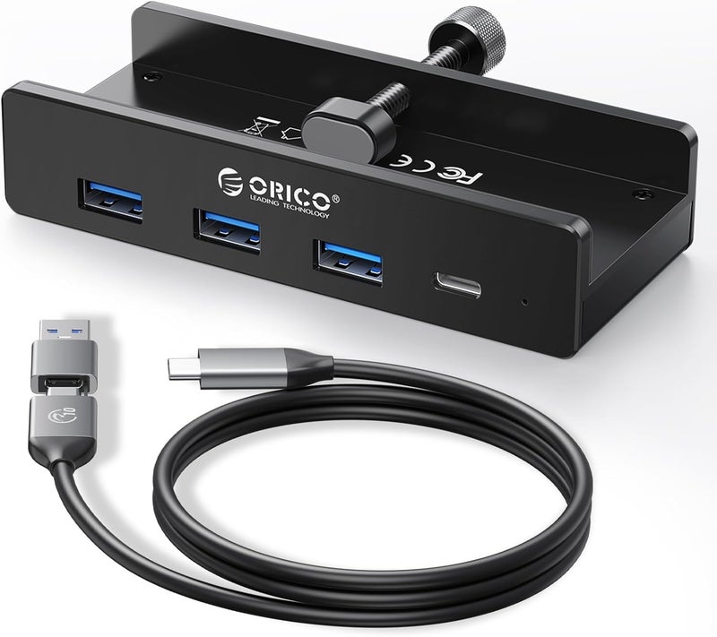 أوريكو موزع USB 3.0 من أوريكو مع مشبك ومنفذ طاقة إضافي - محول ألومنيوم رباعي المنافذ (3 منافذ USB-A، ومنفذ USB-C واحد) للشاشات وأجهزة الكمبيوتر المكتبية - Image 1
