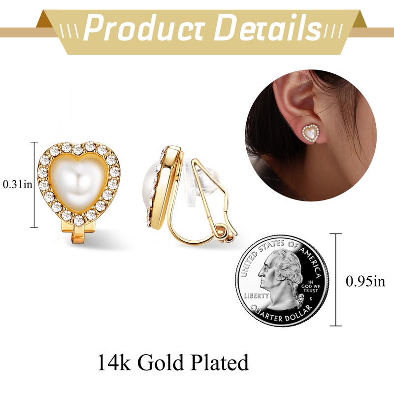 ORAZIO Clip On Earrings,Pearl Clip on Earrings for Women Long Pearl Drop Dangle Earrings,Lightweight Bow Heart CZ Clip On Hoop Earrings - Statement Fake Earrings Ear Clips Jewelry for Wedding Bridal - Heart - Image 2
