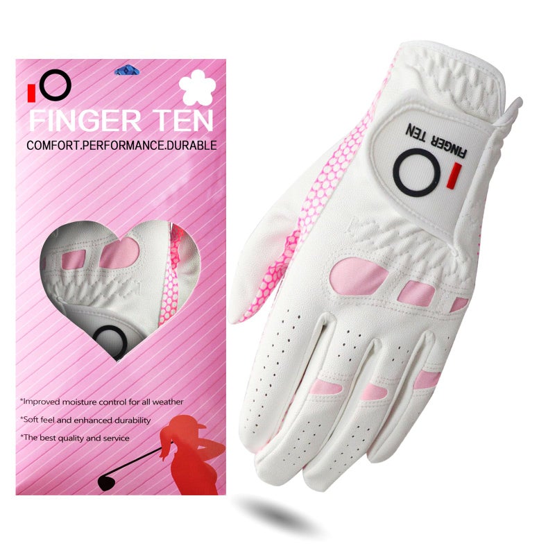 FINGER TEN Ladies Golf Gloves Left Right Hand 1 Pack, Golf Glove for Women's Golfer Lh Rh All Weather Grip, Size Fit XS Small Medium Large XL (Pink, Small (Worn On Left Hand)) - Image 1