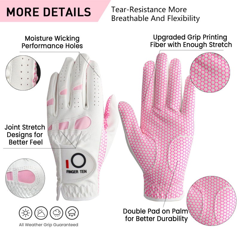 FINGER TEN Ladies Golf Gloves Left Right Hand 1 Pack, Golf Glove for Women's Golfer Lh Rh All Weather Grip, Size Fit XS Small Medium Large XL (Pink, Small (Worn On Left Hand)) - Image 2