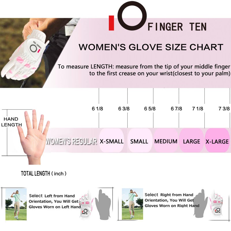 FINGER TEN Ladies Golf Gloves Left Right Hand 1 Pack, Golf Glove for Women's Golfer Lh Rh All Weather Grip, Size Fit XS Small Medium Large XL (Pink, Small (Worn On Left Hand)) - Image 5