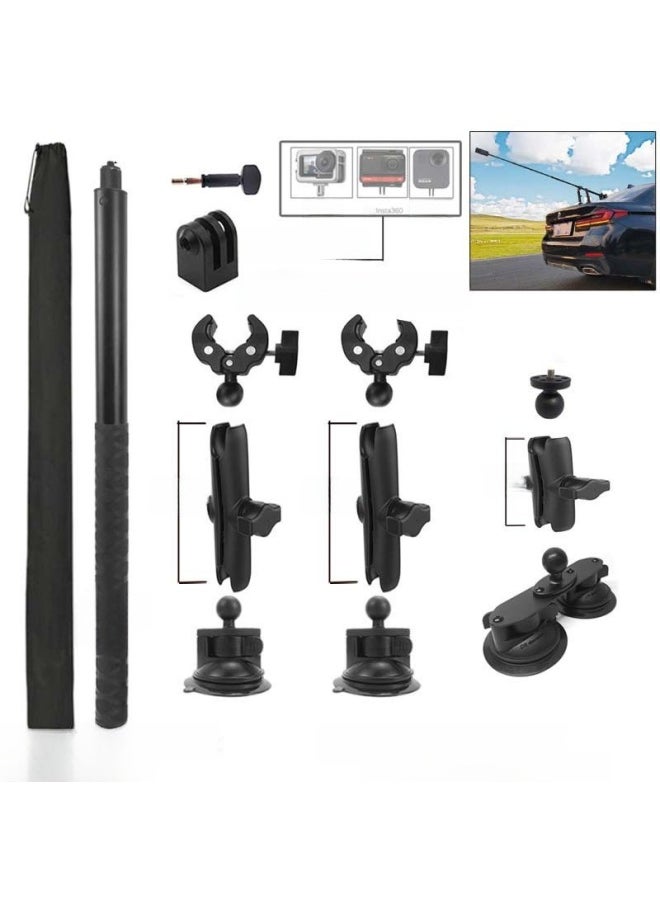 Car Suction Cup Third Person Shooting Accessories Insta360 Onex2RGoPro Selfie Stick Roof Bracket-Color:K06 Car Suction Cup Set 3 (15cm * 2+6cm Connecting Rod) + Pan-tilt Adapter - Image 1