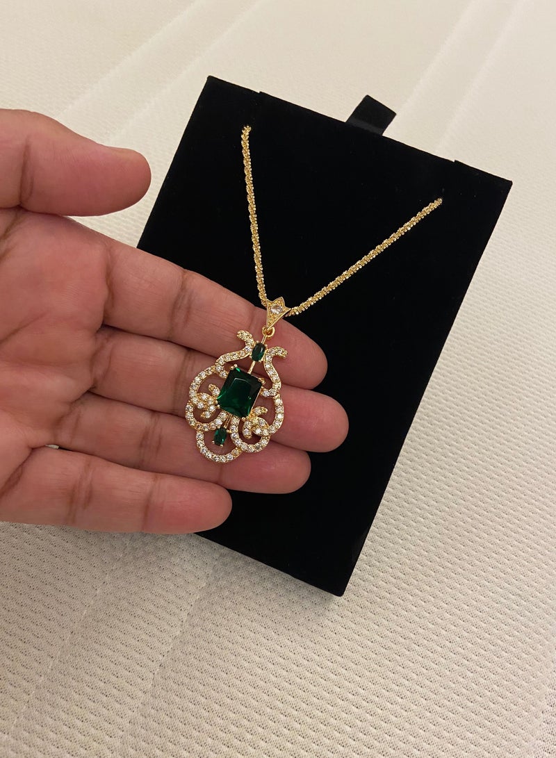 NOON'S UP Natural Emerald Necklace Pendant Cubic Zircon 16" For Women - Image 1