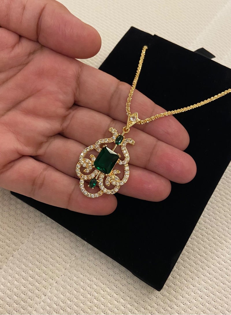 NOON'S UP Natural Emerald Necklace Pendant Cubic Zircon 16" For Women - Image 2