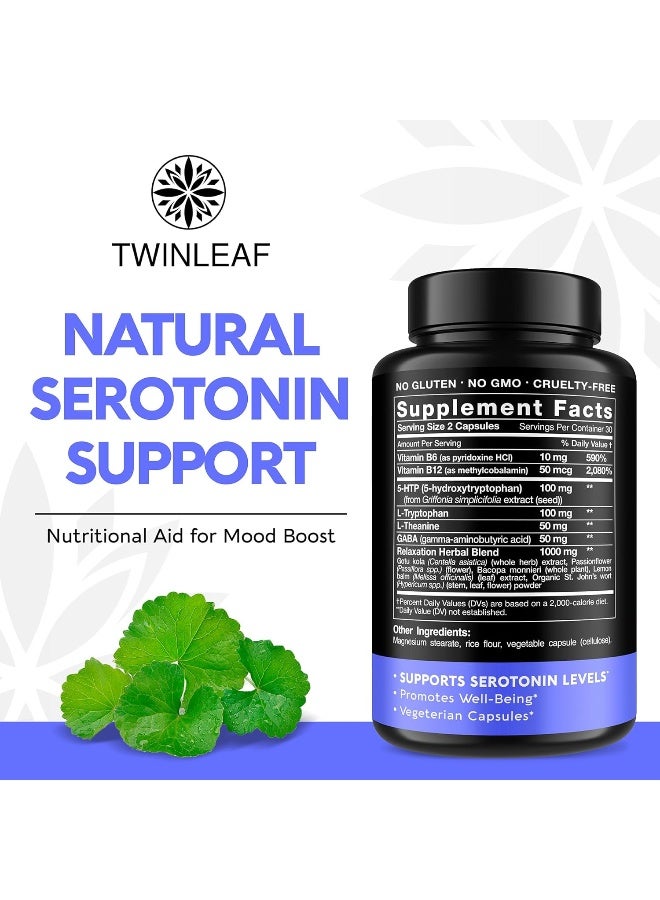 TWINLEAF 5 HTP Supplement with GABA, 1000mg Blend - Natural Aid Made in USA - Proprietary Formula for Mood and Relaxation, 60 Vegan Capsules - 5-HTP + Vitamin B 6 & Vitamin B 12 - No GMO - Image 2