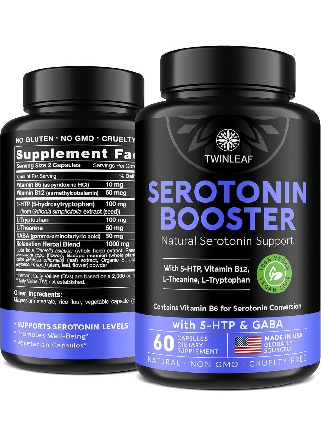 TWINLEAF 5 HTP Supplement with GABA, 1000mg Blend - Natural Aid Made in USA - Proprietary Formula for Mood and Relaxation, 60 Vegan Capsules - 5-HTP + Vitamin B 6 & Vitamin B 12 - No GMO - Image 1