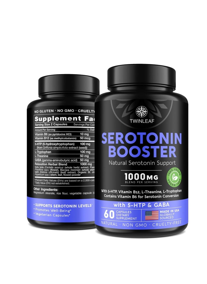 TWINLEAF - Serotonin Supplement - Made in USA 5HTP Serotonin & Cortisol Manager - Serotonin Booster Vitamin Supplement for Women with 5-HTP, Vitamin B6, B12, GABA, L Theanine, L Tryptophan - 60 capsules - Image 1