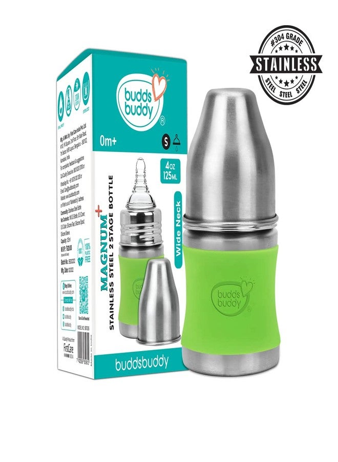 Buddsbuddy Magnum Plus Stainless Steel 2 in 1 Wide Neck Baby Feeding Bottle with Extra Spout Sipper, 125ml, Green - Image 3