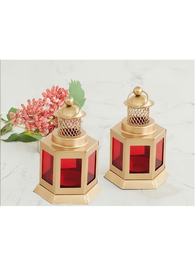AURA DECOR Auradecor Moroccan Lantern, Tealight Candle Holder with Tealight Candle for Home Decor Home Decor and Gift, Diwali, Festival, Indoor & Outdoor Use (Red, Pack of 2) - Image 1