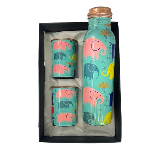 Piepot Copper Water Bottle 1 Ltr | Copper Water Bottle with Glass Set | Meena Work | 100% Pure | Leak-Proof | 2 Water Glass 300ml each | Best for Gifting ((Seafoam Blue Design)) - Image 1