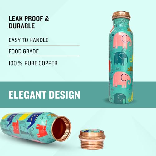 Piepot Copper Water Bottle 1 Ltr | Copper Water Bottle with Glass Set | Meena Work | 100% Pure | Leak-Proof | 2 Water Glass 300ml each | Best for Gifting ((Seafoam Blue Design)) - Image 3