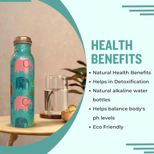 Piepot Copper Water Bottle 1 Ltr | Copper Water Bottle with Glass Set | Meena Work | 100% Pure | Leak-Proof | 2 Water Glass 300ml each | Best for Gifting ((Seafoam Blue Design)) - Image 5