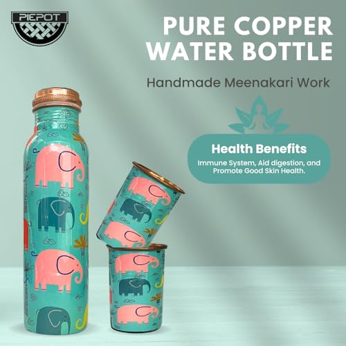 Piepot Copper Water Bottle 1 Ltr | Copper Water Bottle with Glass Set | Meena Work | 100% Pure | Leak-Proof | 2 Water Glass 300ml each | Best for Gifting ((Seafoam Blue Design)) - Image 2