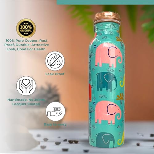 Piepot Copper Water Bottle 1 Ltr | Copper Water Bottle with Glass Set | Meena Work | 100% Pure | Leak-Proof | 2 Water Glass 300ml each | Best for Gifting ((Seafoam Blue Design)) - Image 4
