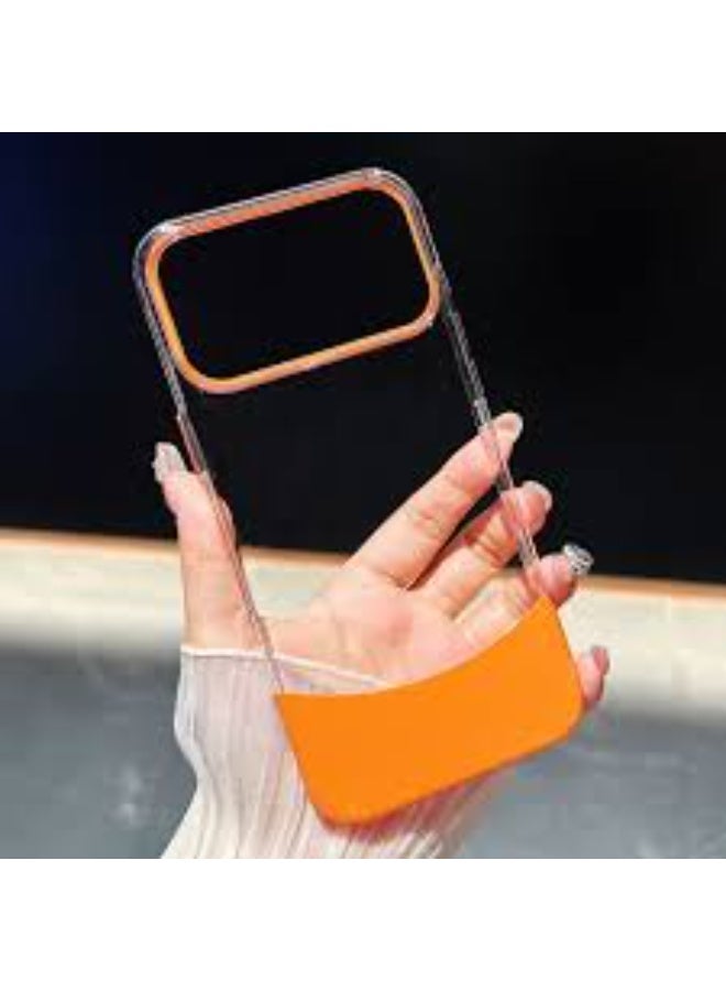 This iPhone case features a top and bottom frame design, is available in various colors such as pink and orange, and is made of highly transparent TPU materials. It is compatible with the iPhone 17 Pro Max.