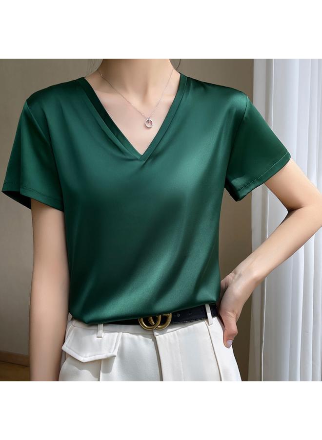 VUELO V-neck Silk Short-sleeved T-shirt Women's New Arrival Summer All-match Basic Base Top Elegant Commuter T-shirt For Women