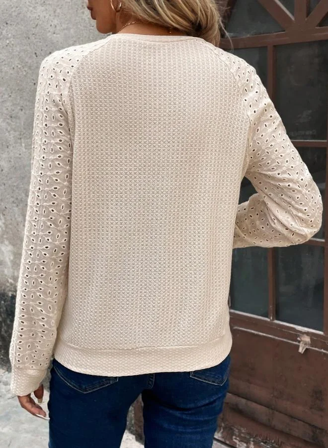 Take Two Beige Waffle Knit Top with Eyelet Sleeve