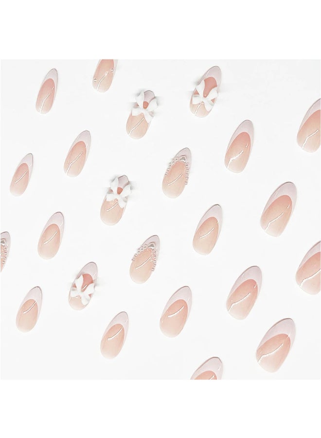LRKNNO 24pcs Almond Shaped Artificial Nails French Tips with Cute Bow Charms Design Nude Pink Acrylic Nails for Women Girls - Image 4