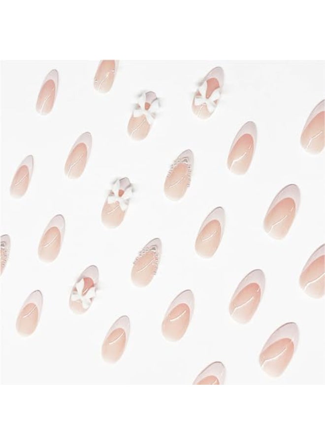 LRKNNO 24pcs Almond Shaped Artificial Nails French Tips with Cute Bow Charms Design Nude Pink Acrylic Nails for Women Girls - Image 3