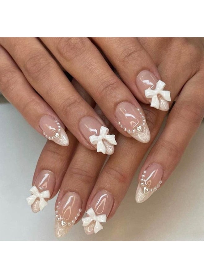 LRKNNO 24pcs Almond Shaped Artificial Nails French Tips with Cute Bow Charms Design Nude Pink Acrylic Nails for Women Girls - Image 2